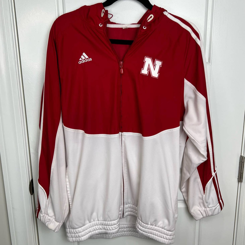 ADIDAS Nebraska Huskers LOGO Men's Red/White Full Zip Hooded Jacket Medium
